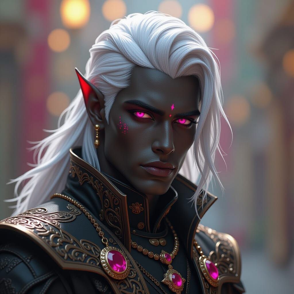 Drow Male with Pink Eyes in Hyperrealistic Style