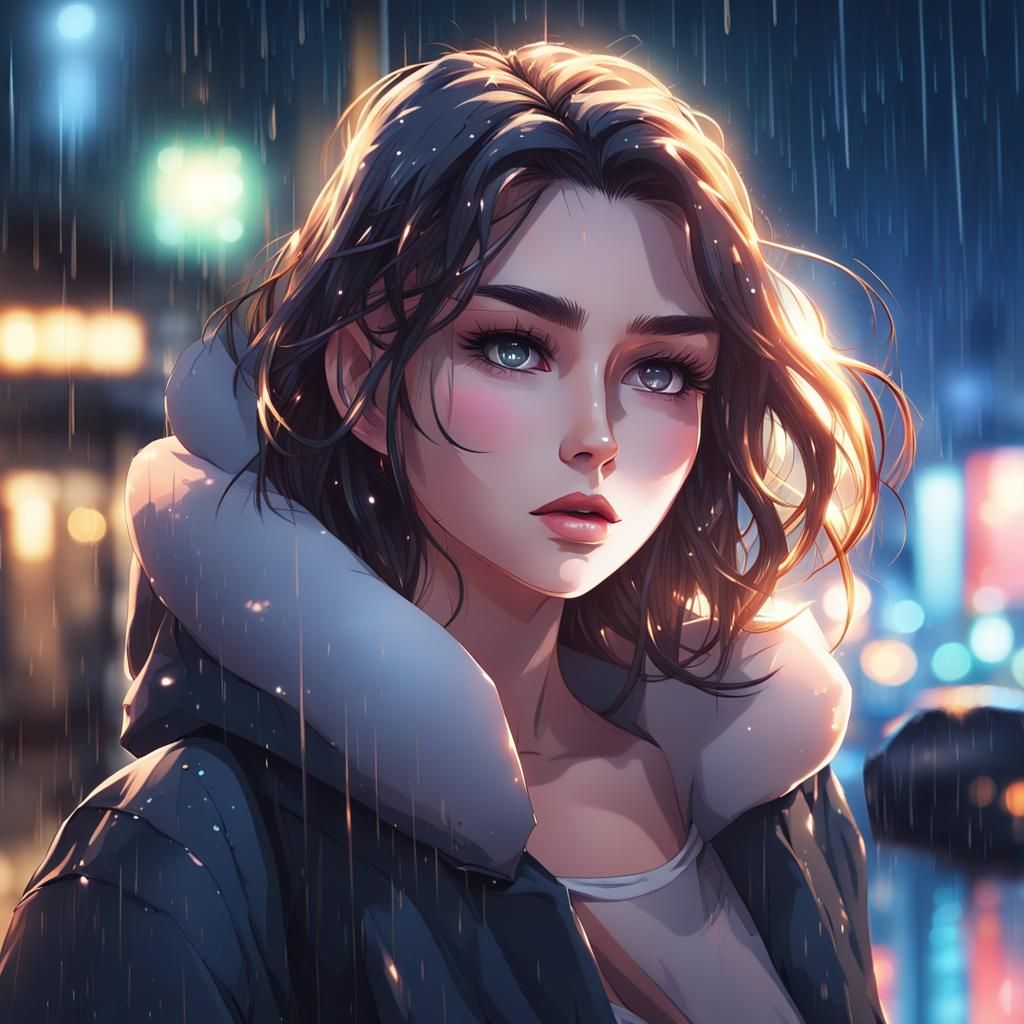 Anime Girl in Rainy Cityscape: Ultra Detailed Illustration
