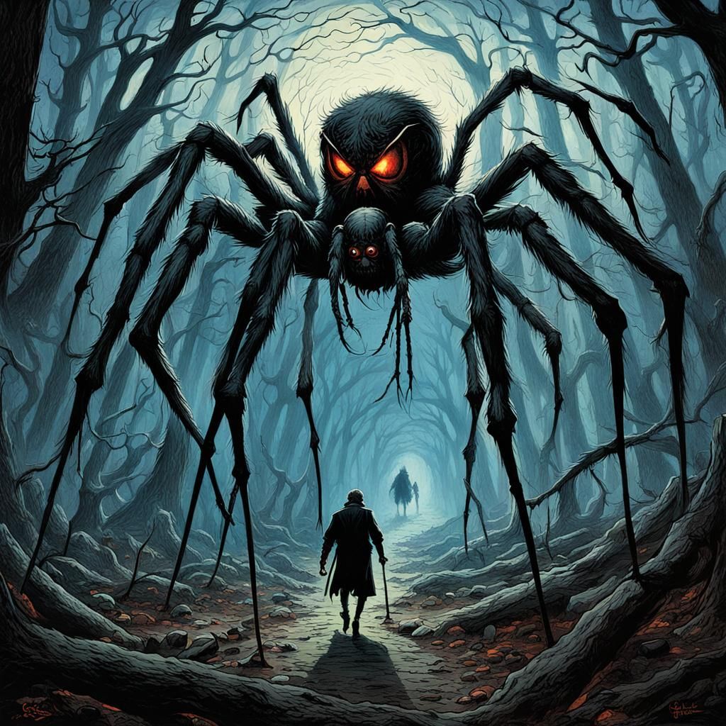 Giant Spider in Haunted Woods: Gothic Horror