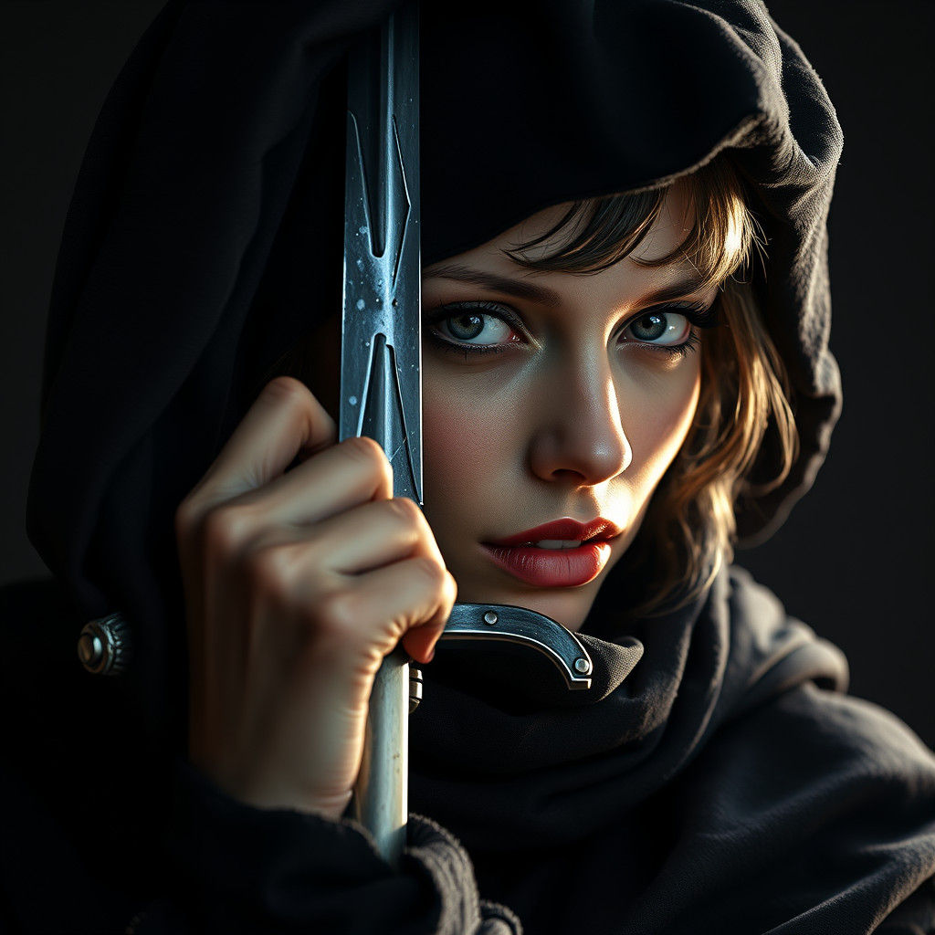 Woman Grasping Sword in Hat, Art Nouveau Portrait