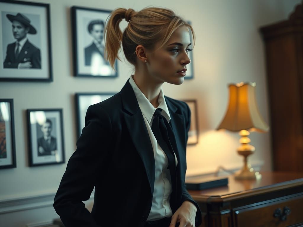 Film Noir Woman in Classic Suit with Vintage Desk