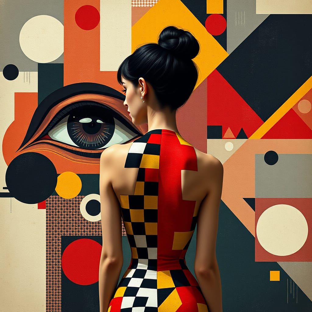 Surreal Hyperrealistic Female Figure in Geometric Patterns