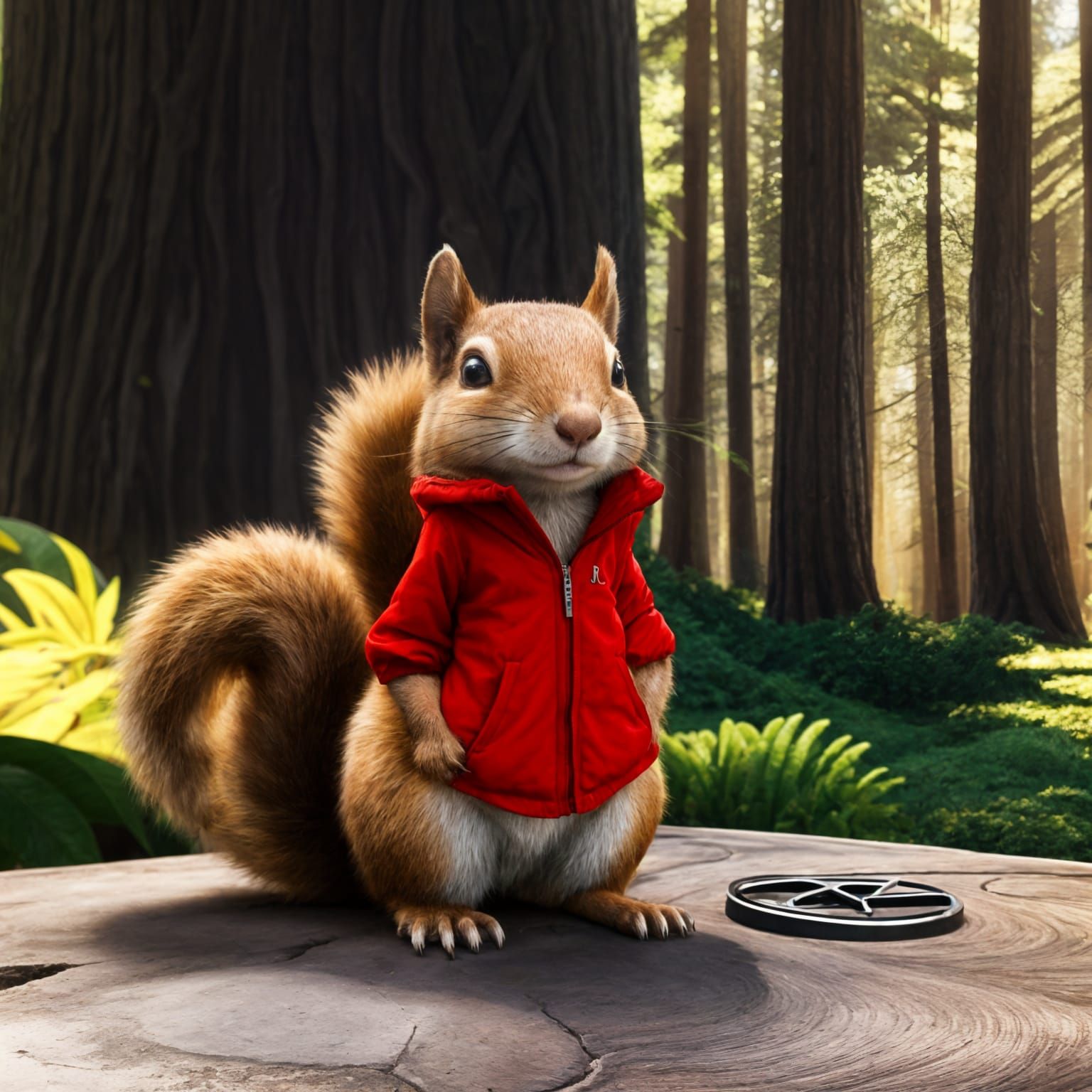Squirrel in Jacket Near Treehouse, Hyperrealistic Art
