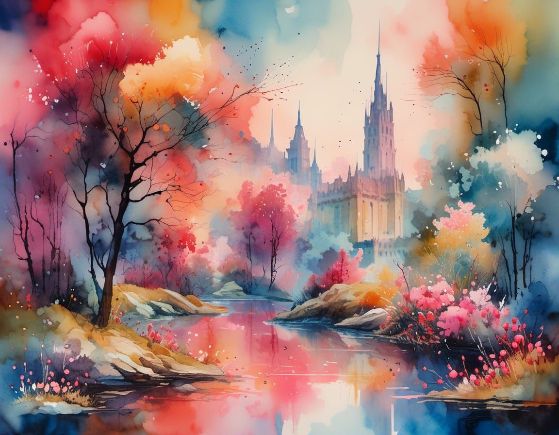 Daisy by Stream in Gouache and Watercolor Style