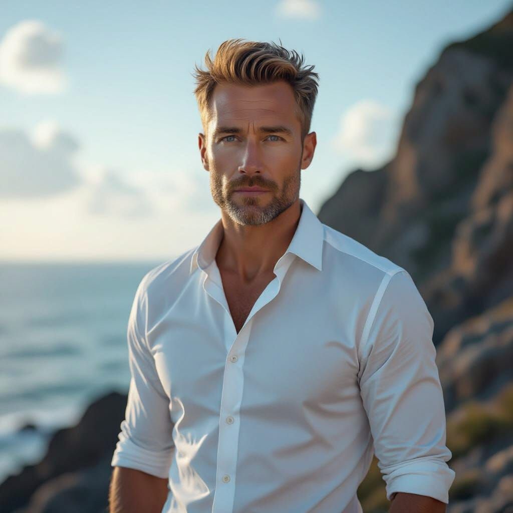 Handsome Blond Man on Coastal Cliff in Cinematic Style