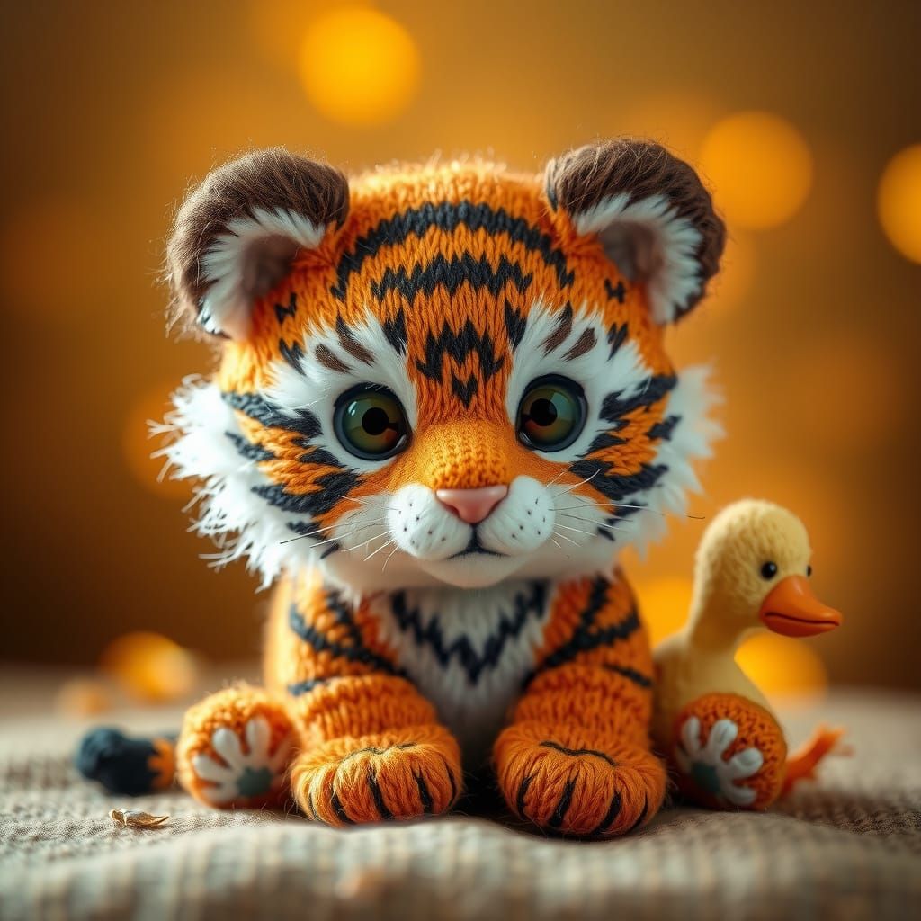 Whimsical Tiger and Duck in Dreamy, Golden Landscape