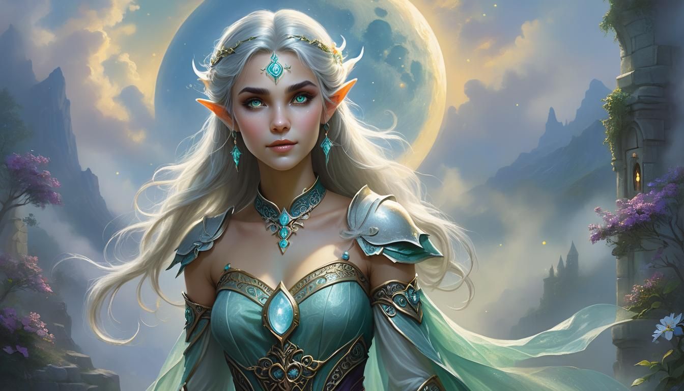 Moon Elf Cleric Portrait in Ethereal Fantasy Style