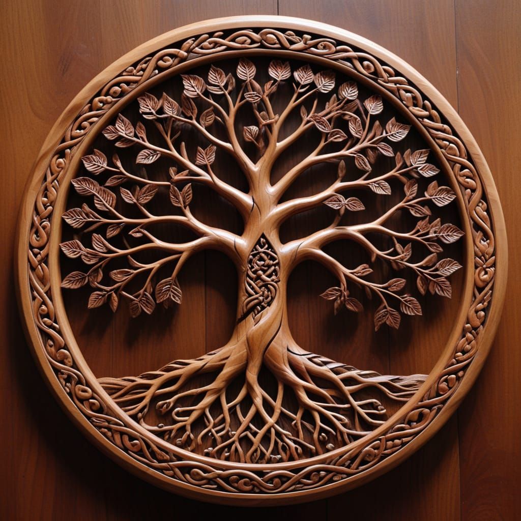 Tree of life in wood  curving detailed red chestnut  surroun...