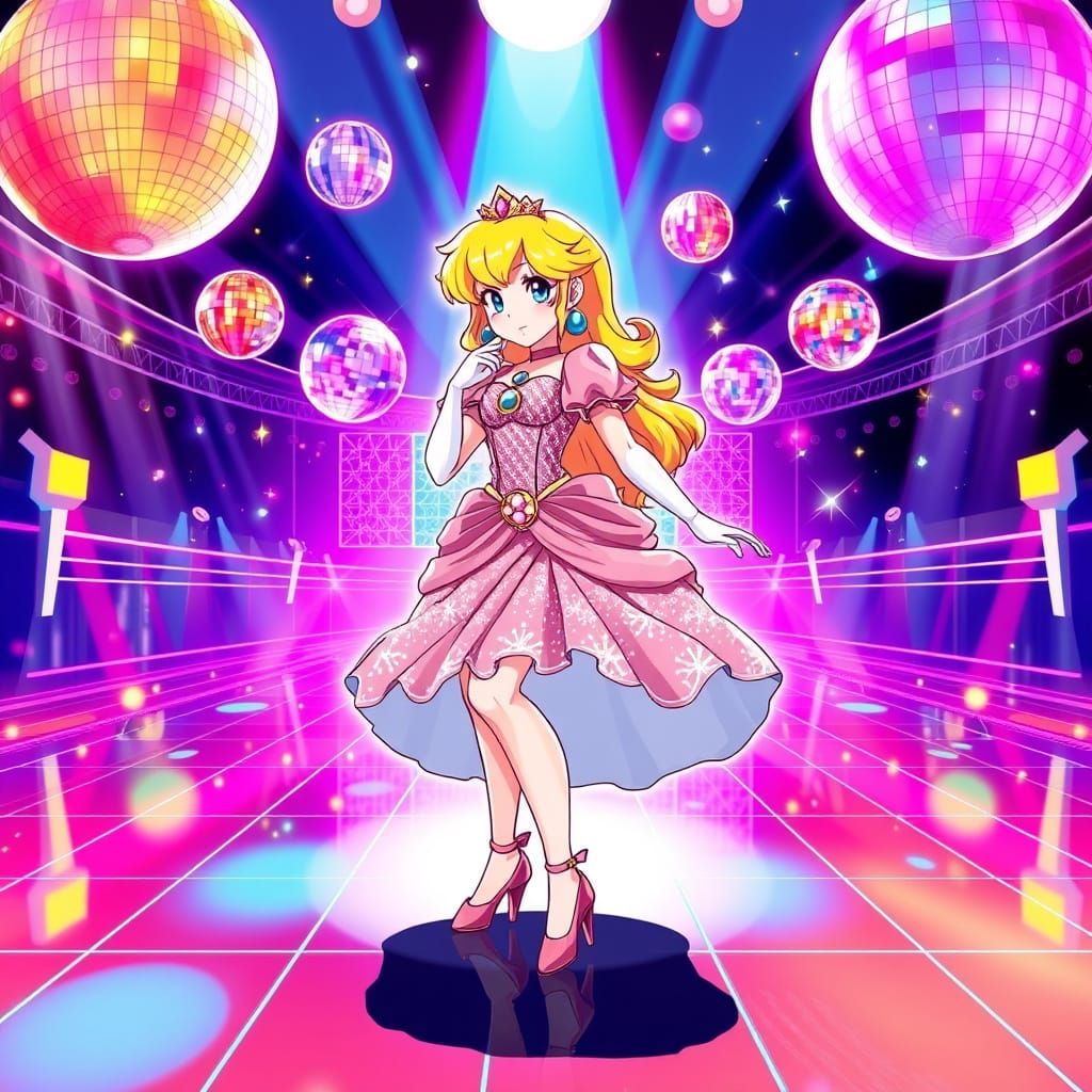 Neon Princess Peach Shines in Vibrant Disco Scene