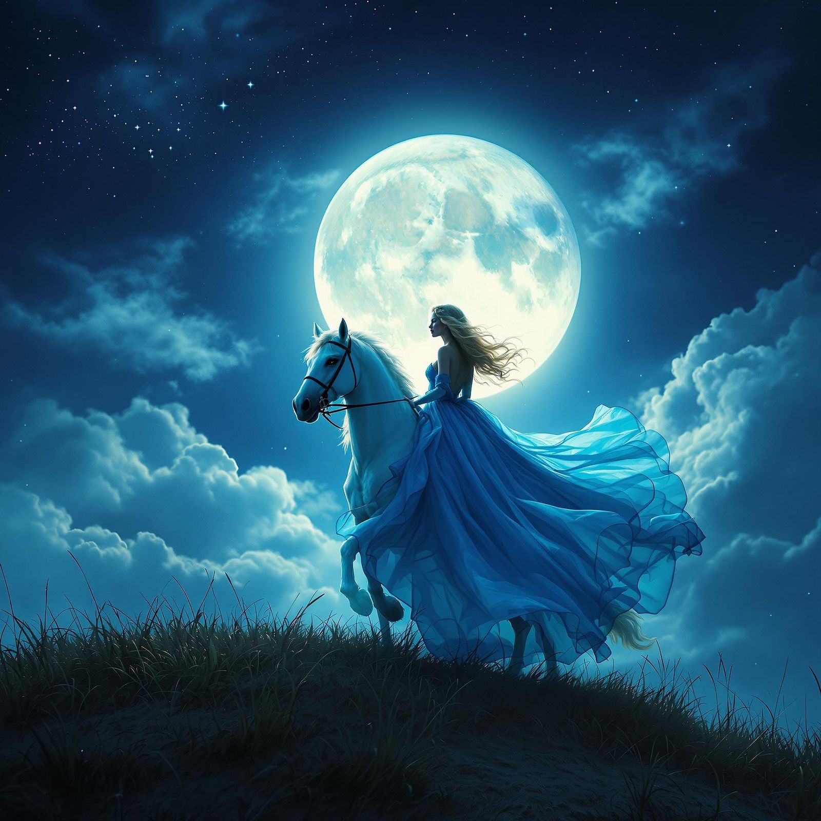 Golden Goddess on Regal Steed Under the Full Moon