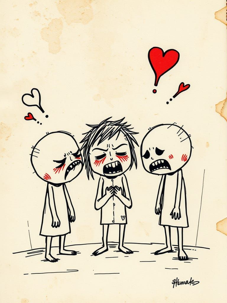 Expressive Ink Scribbles of Chibi Beings on Textured Paper