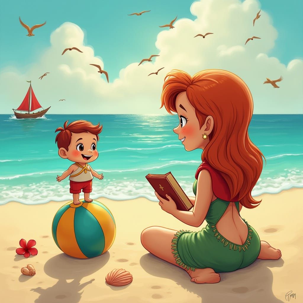 Woman in Red Nose and Grey Hair Sits on Beach at Sunset with...