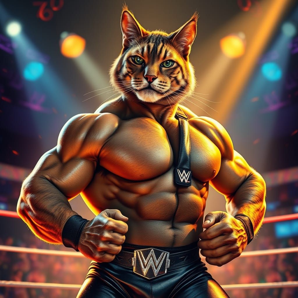 Majestic Feline Wrestler in Vibrant Ring