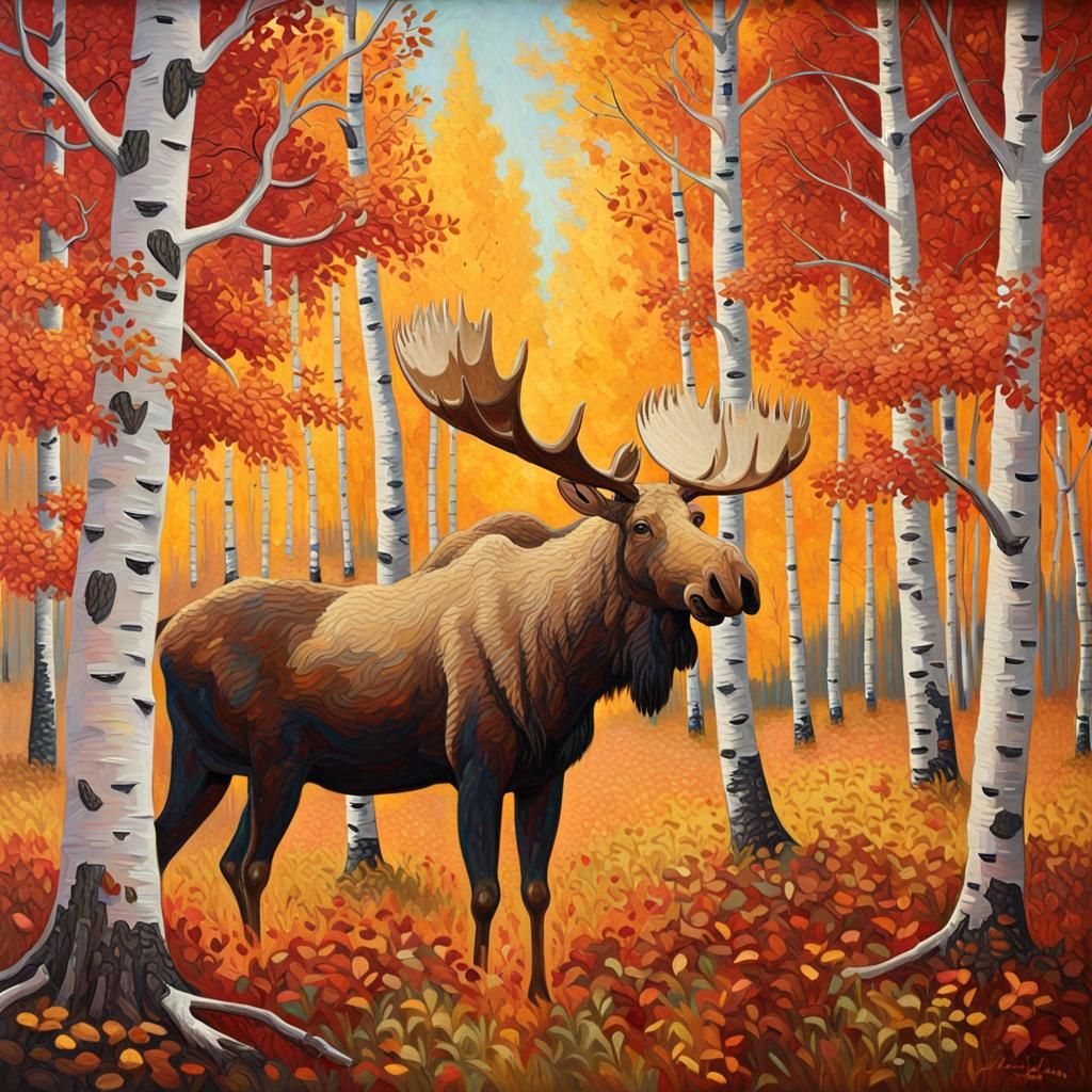 Moose in Autumnal Birch Forest: Post-Impressionist Oil Paint...