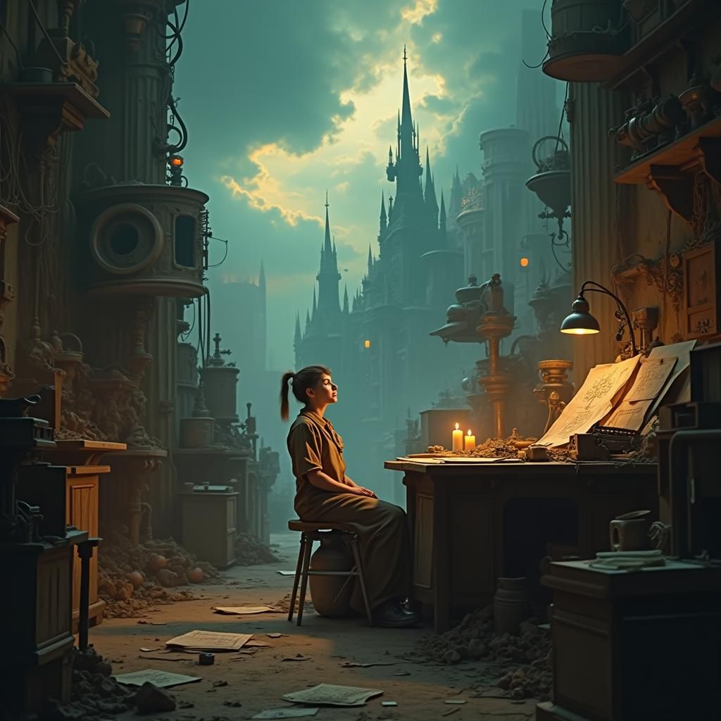 Hopeful Inventor in Dim Workshop with Fantasy Cityscape