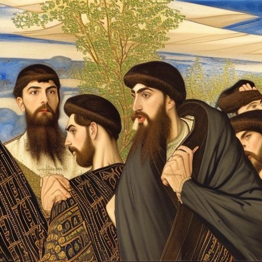 Embracing Men in Opulent Garden, Medieval Illumination Style