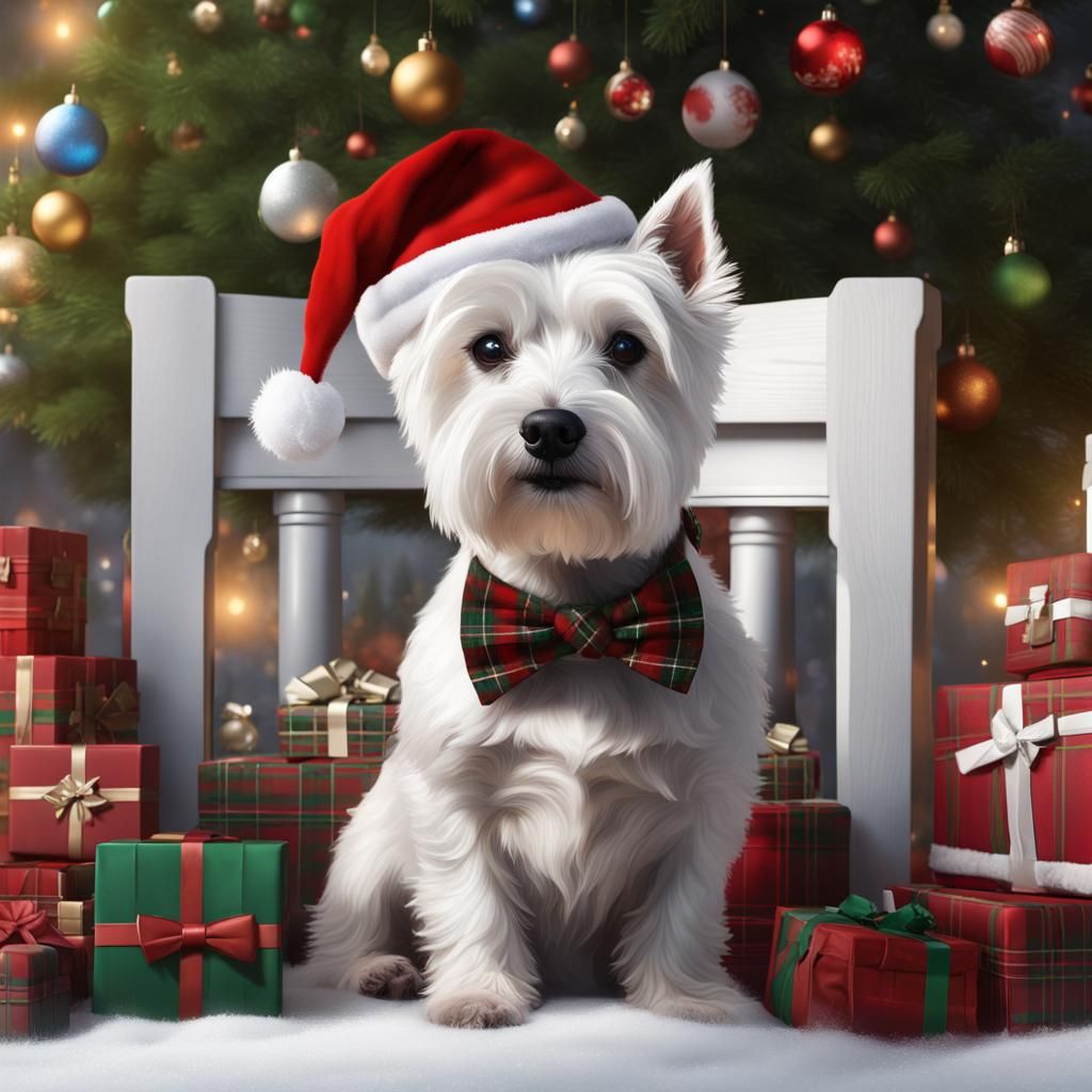 Westie Dog in Santa Hat Christmas Portrait