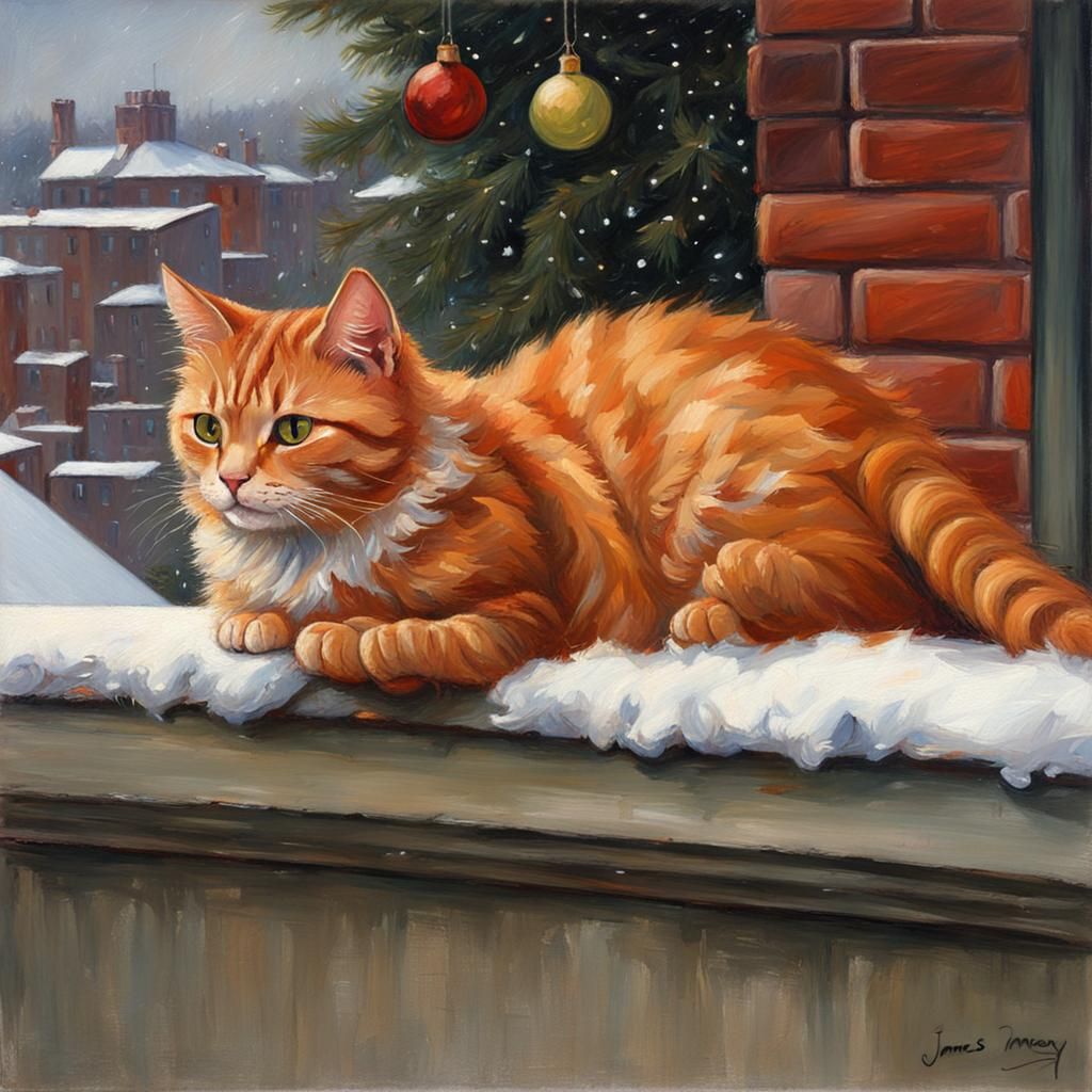 Ginger Cat's Winter Christmas: Oil Painting