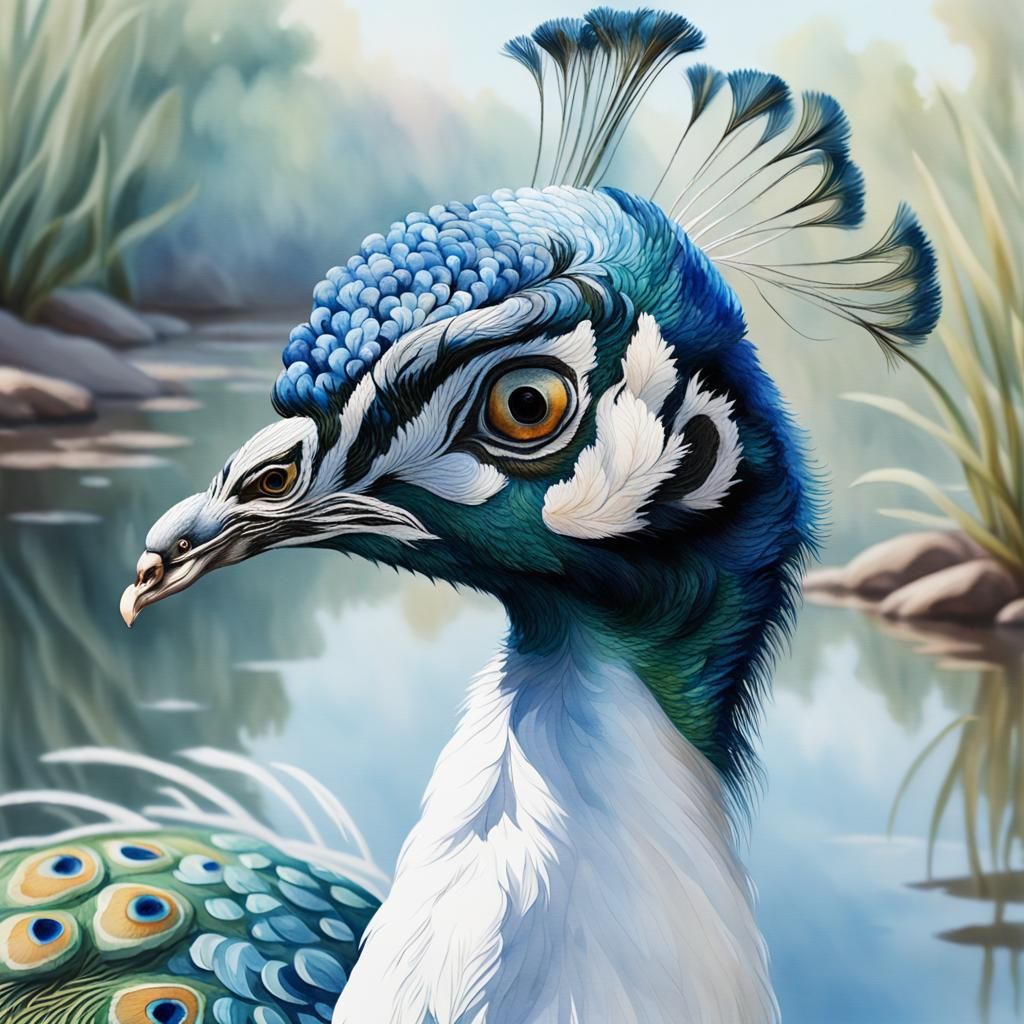 Stunning White Peacock Portrait in Watercolor