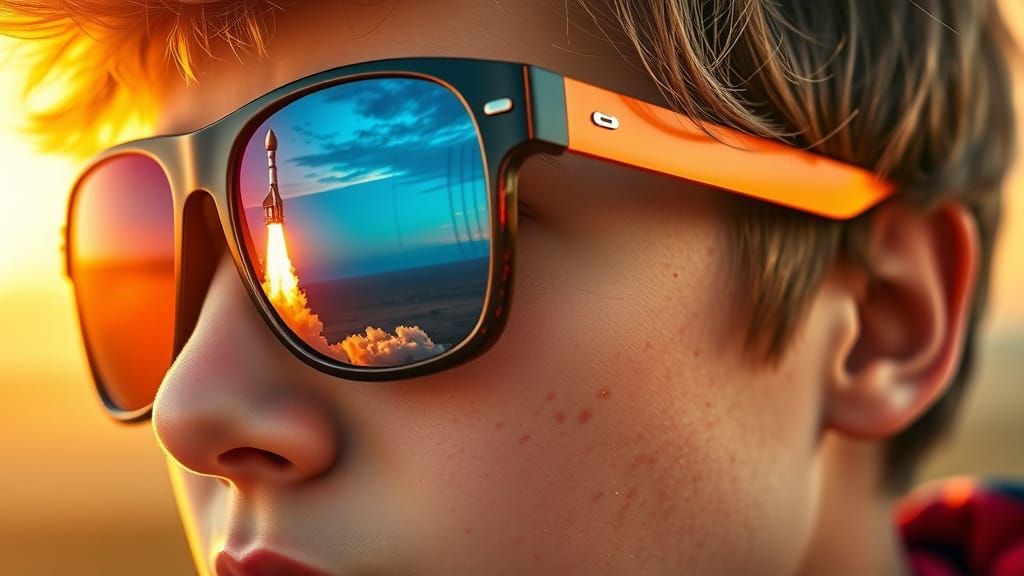 Teenager's Rocket Launch Reflection in Golden Hour Light