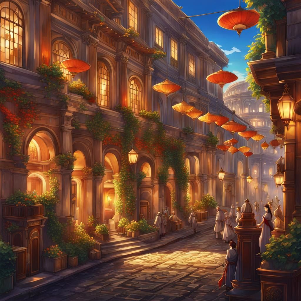 Bustling Ancient Rome in Vibrant Anime Style