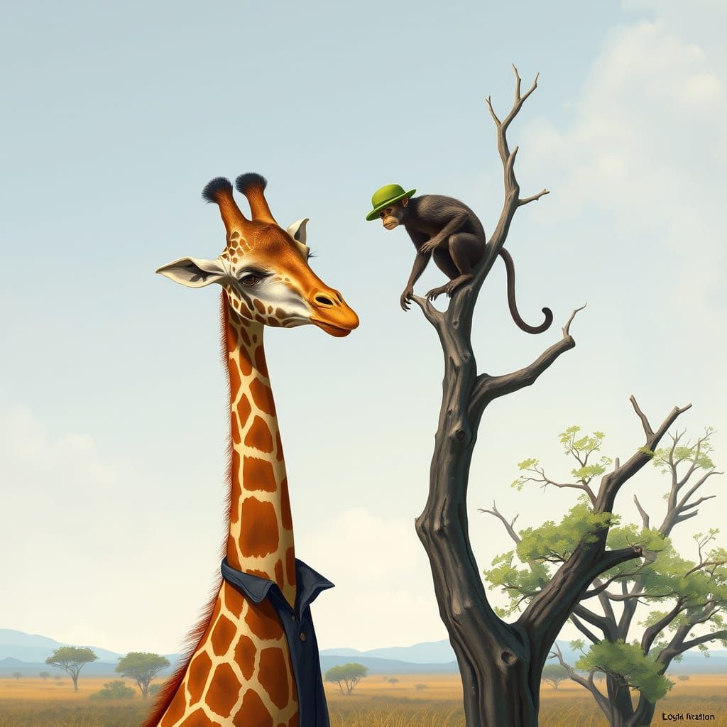 Giraffe and Monkey in Savannah, Realistic Wildlife Art