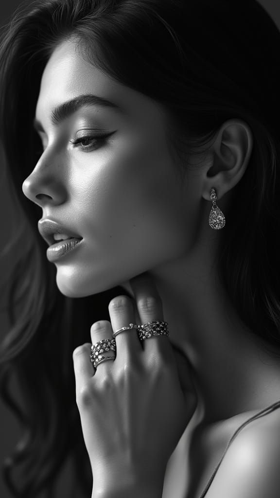 Elegant Woman's Profile in Hyperrealistic Black and White