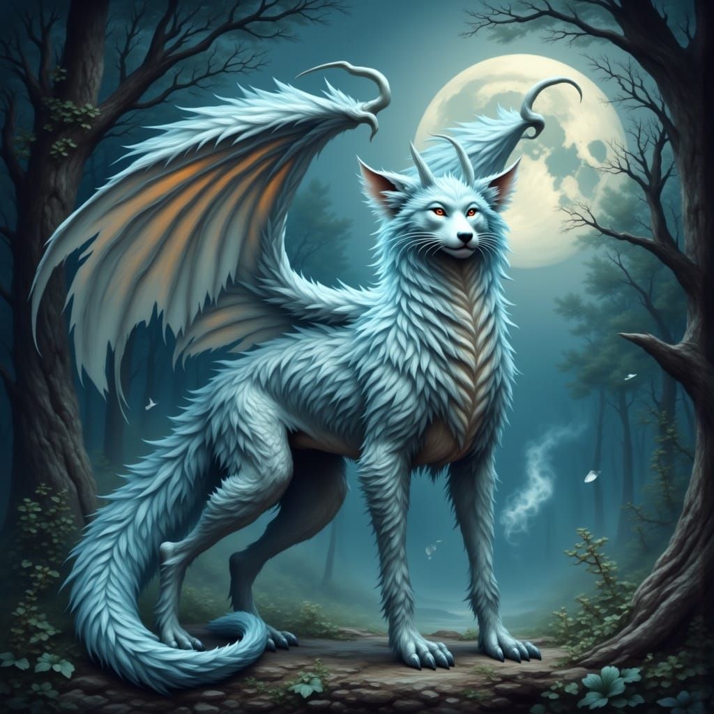 Majestic Dragon-Wolf Hybrid Under Ethereal Moonlight