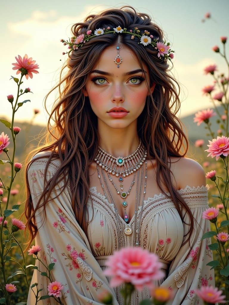 Hyperdetailed Portrait of Woman with Cat and Landscape