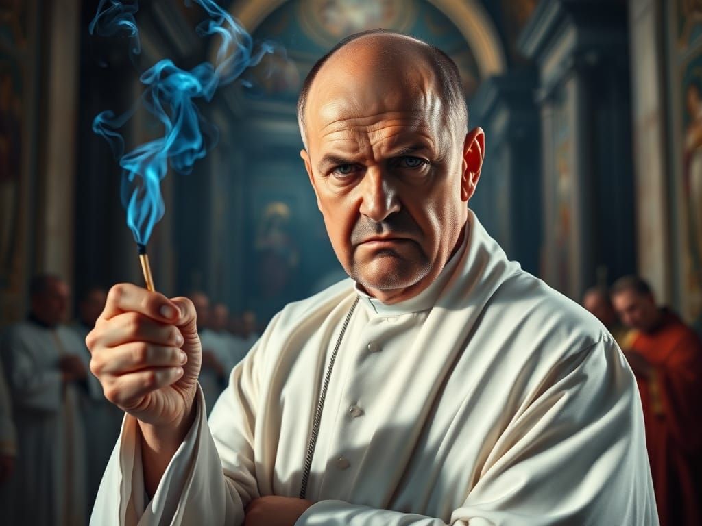 Frustrated Priest Struggles with Smoldering Match in Sistine...