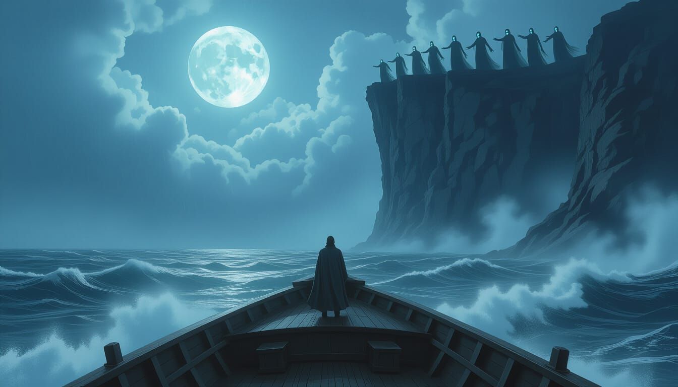 Ghostly Figures on Cliff Above Stormy Sea Under Partial Moon