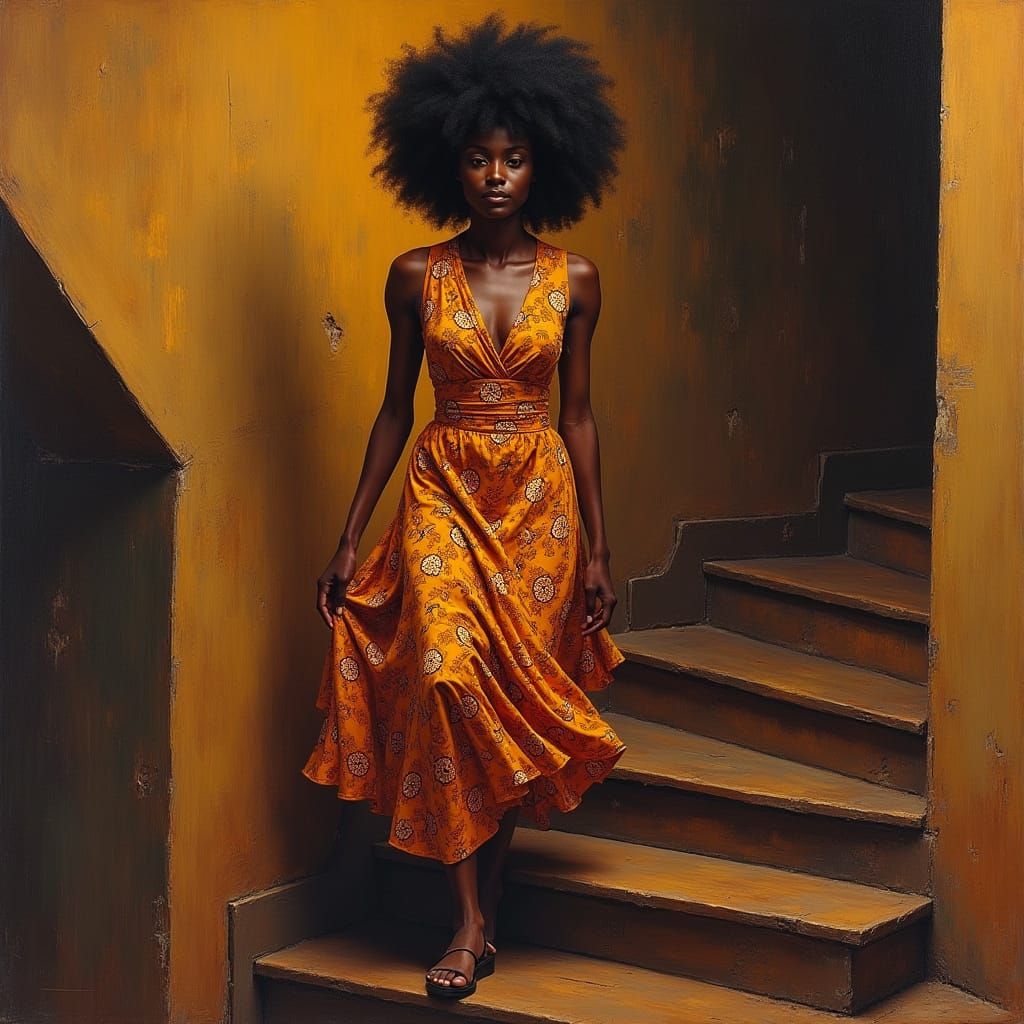 Soulful African Woman Ascends in Vibrant Ernie Barnes Style