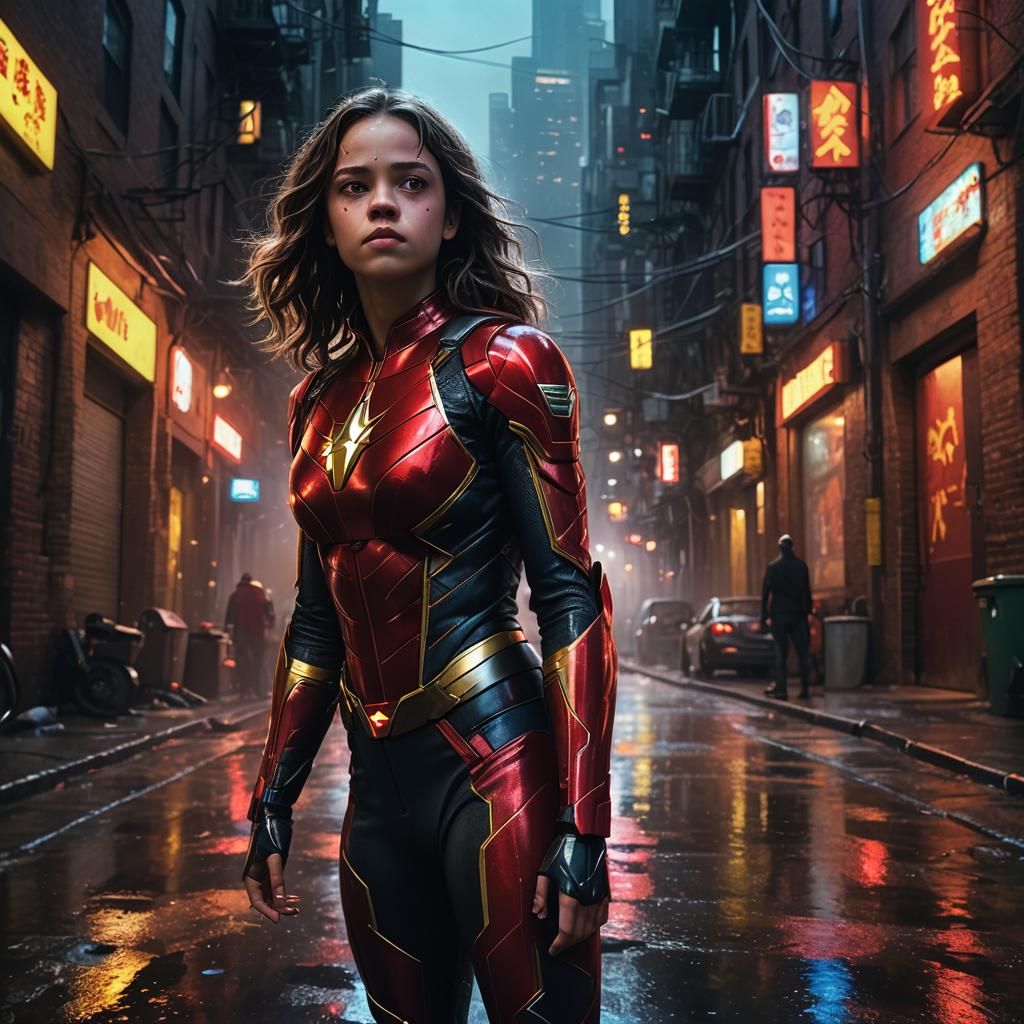 Jenna Ortega as Jesse Quick in Cyberpunk Alleyway