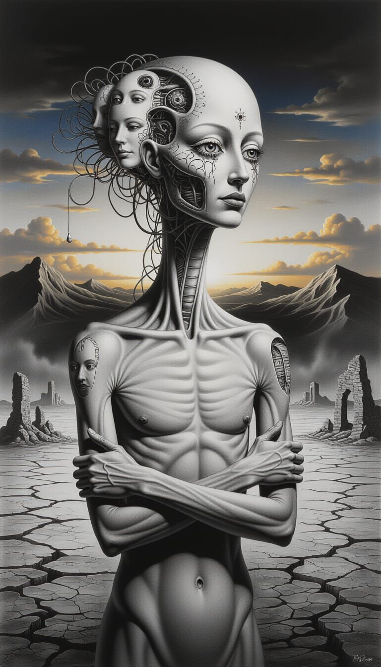 Surreal Human Figure Charcoal Drawing with Multiple Faces