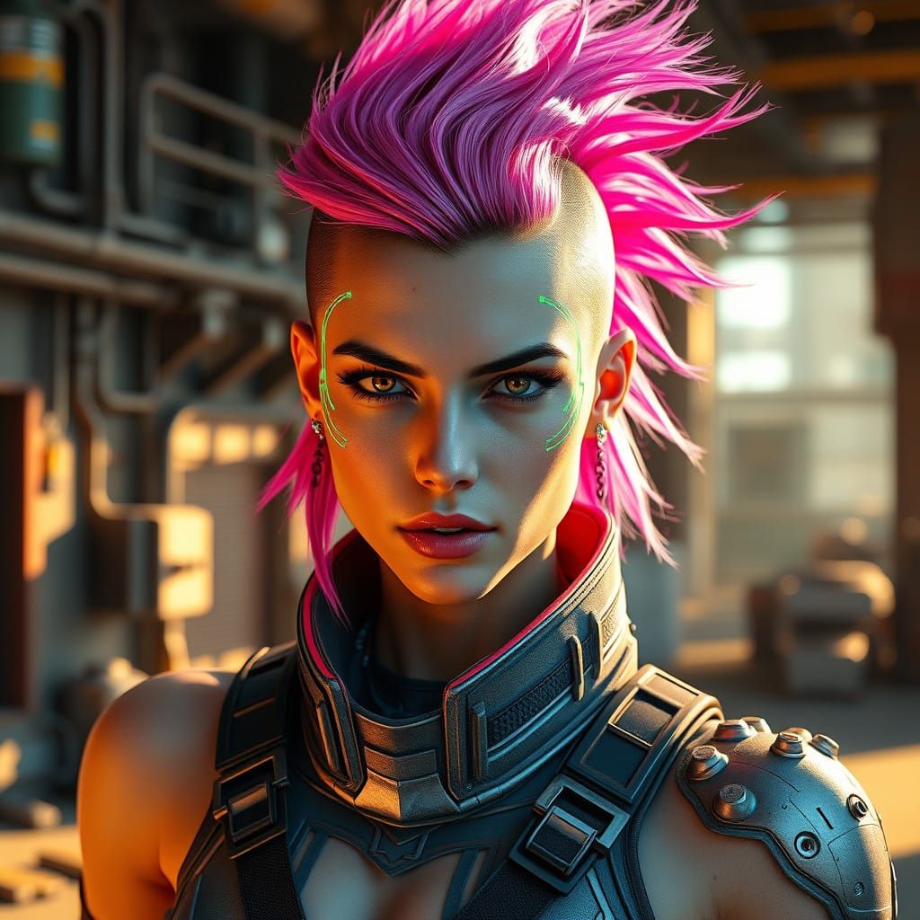 Cyberpunk Warrior Woman in Neon Green Circuitry and Grey Sci...