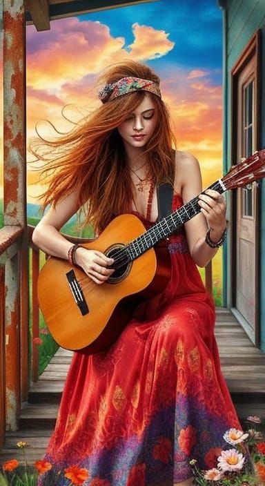 Boho Woman Plays Guitar on Porch