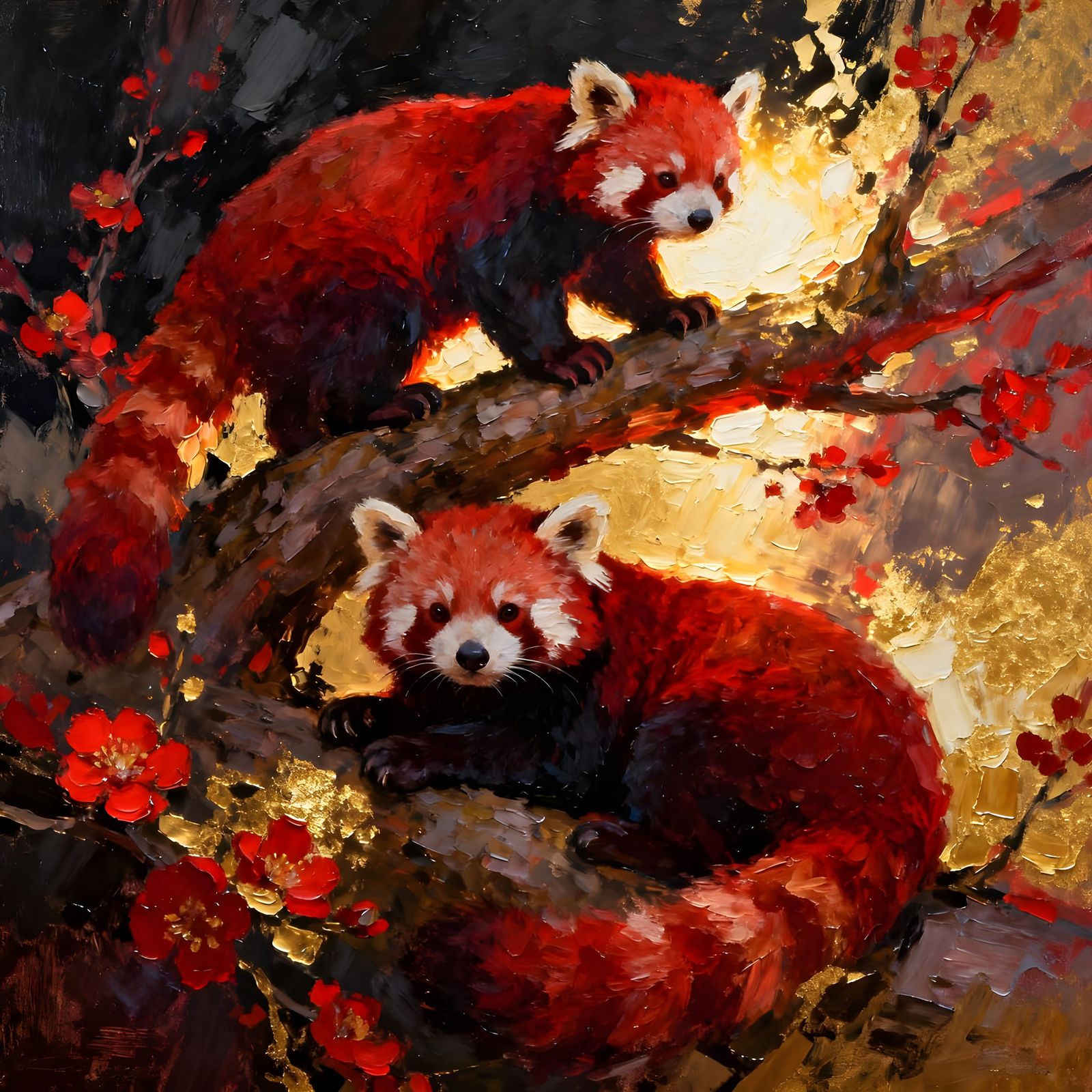 Impasto Red Pandas in Dreamlike Atmosphere
