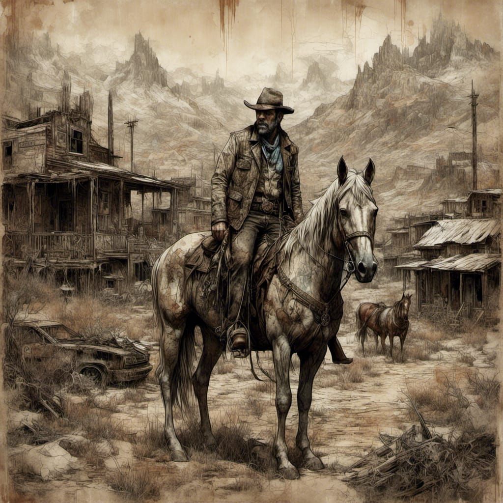 Sheriff and Horse in a Deserted Ghost Town