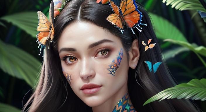 Hyperrealistic Woman with Butterflies in Verdant Forest