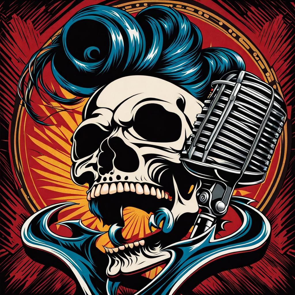 Rockabilly Skull Singer in Ink Art Style
