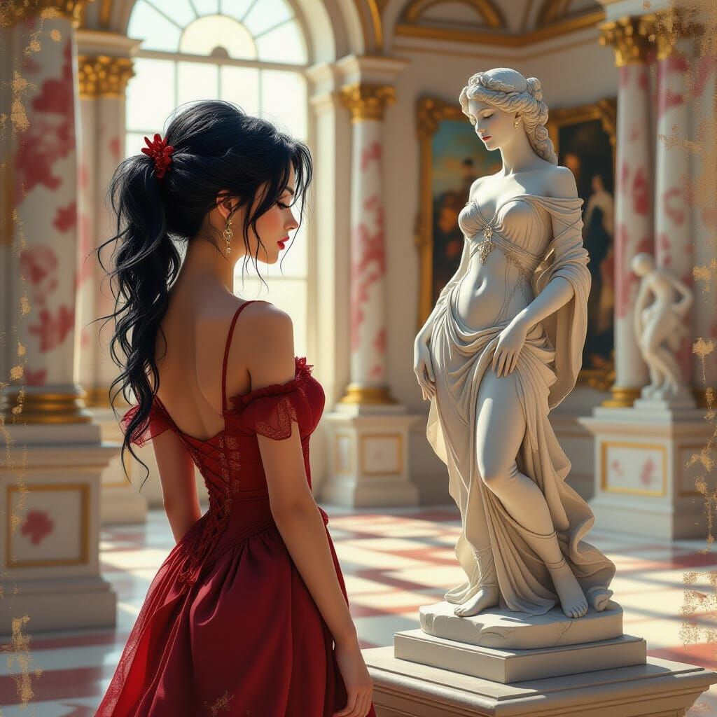 Elf Admiring Statue in Museum, Romanticism Style