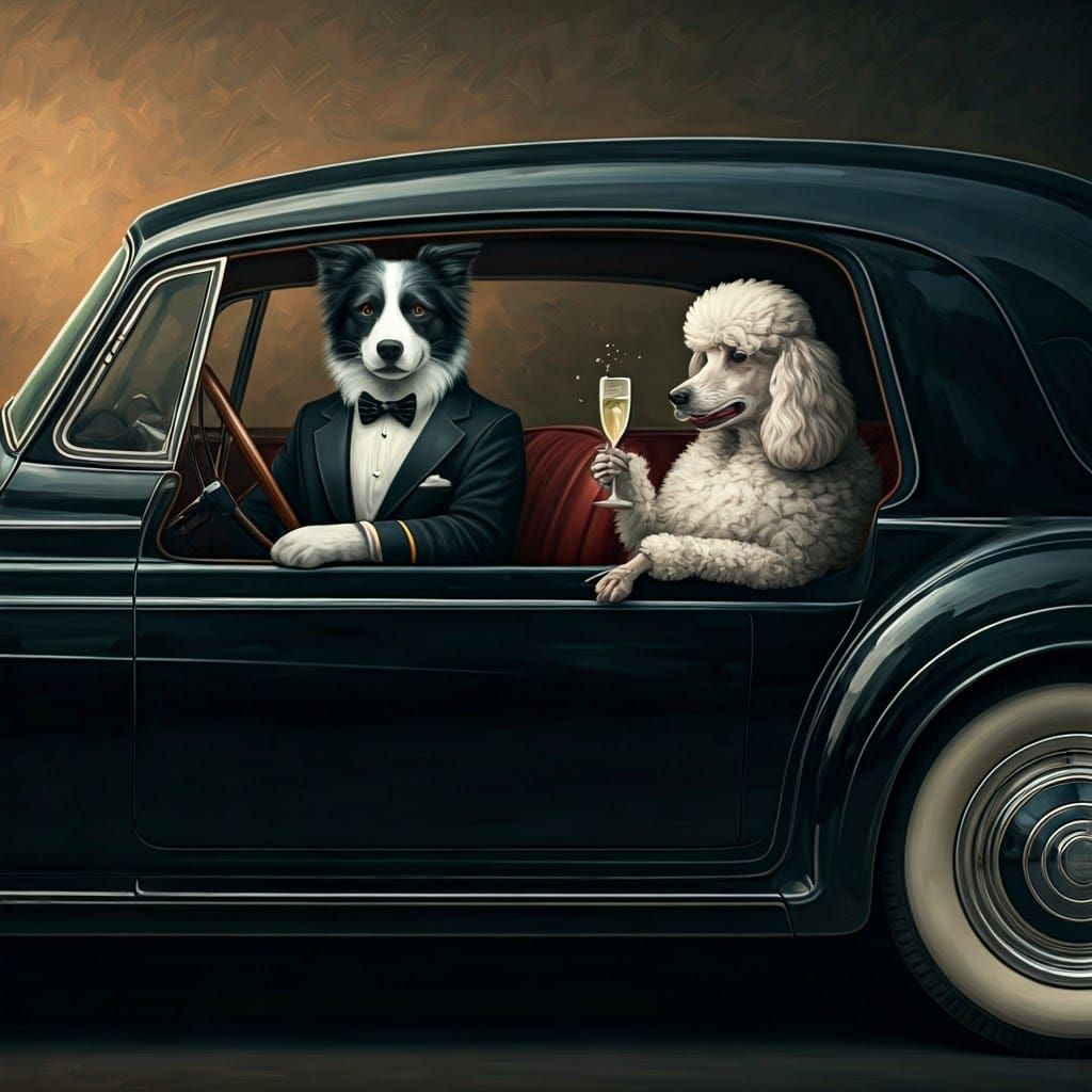 Cocktail Chauffeur: A Whimsical Oil Painting of a Poodle Lad...