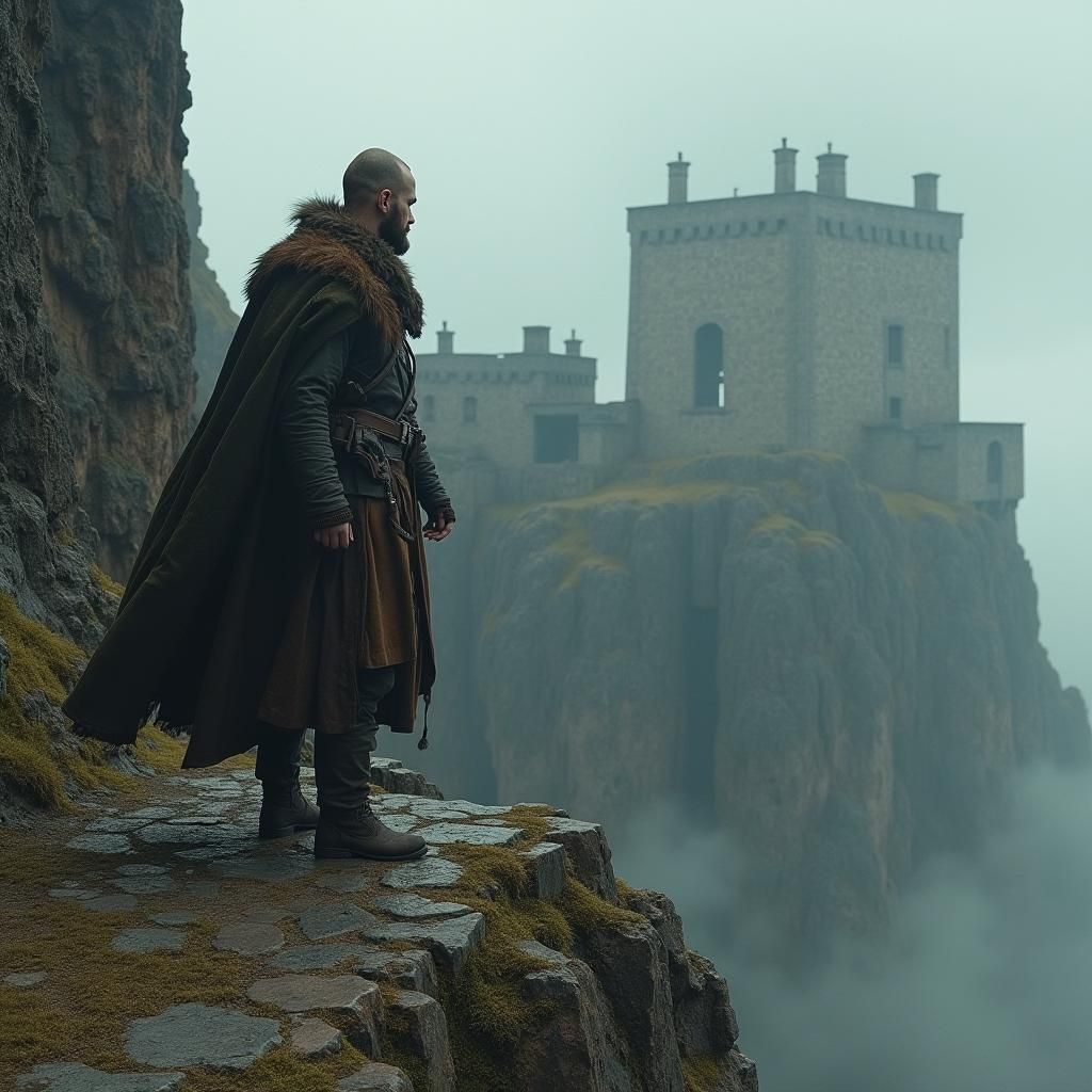 Traveler at Cliffside Castle in Dramatic Landscape