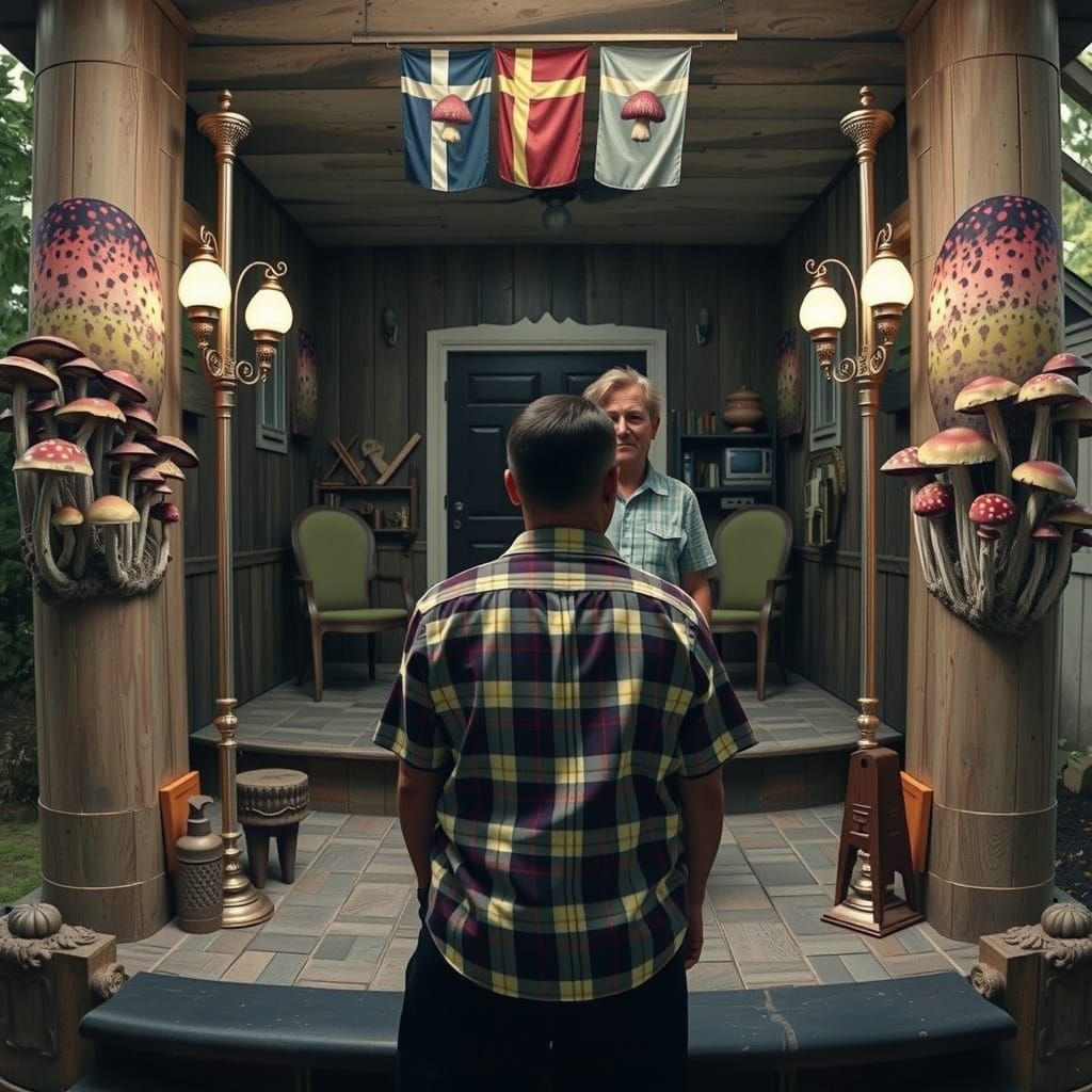 Surreal Mushroom Garden With Elderly Couple