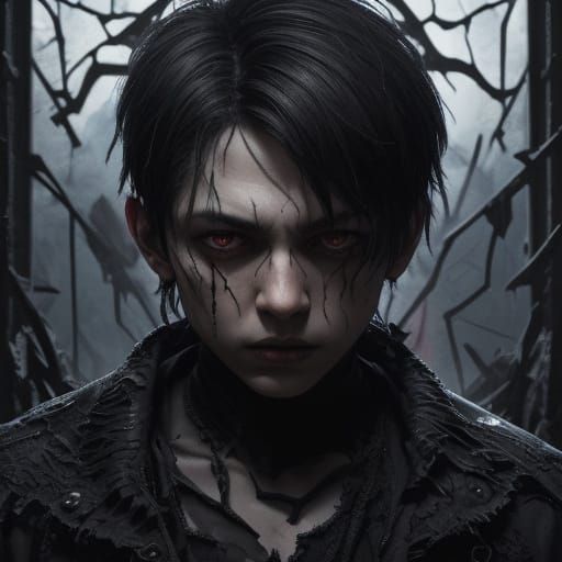 Dark Abstract Boy in Ruined Gothic Cathedral