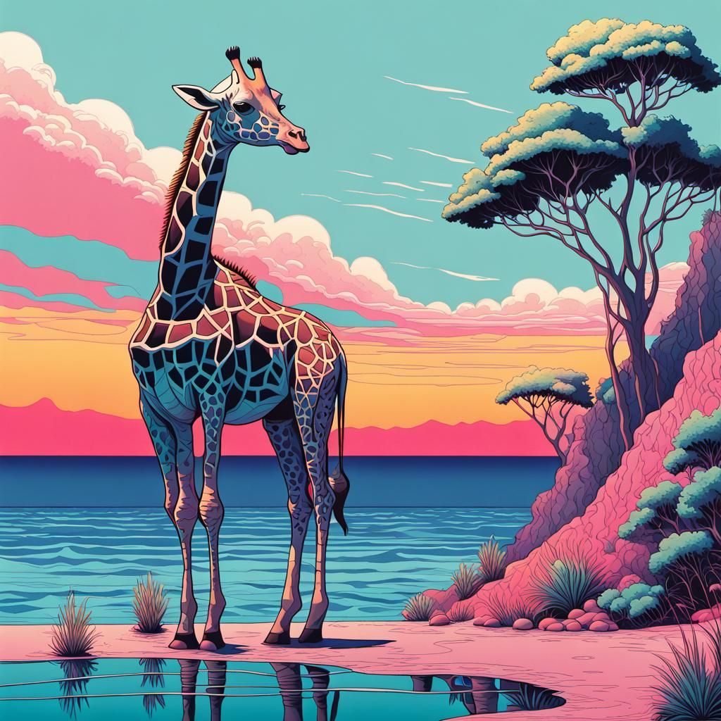 Surreal Giraffe in Vaporwave Graphic Novel Landscape