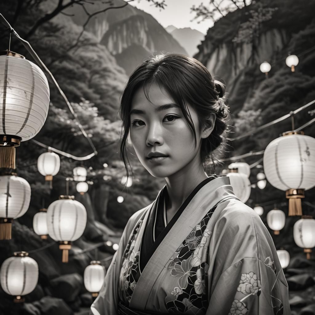 Japanese Woman with Lanterns in Art Nouveau Style