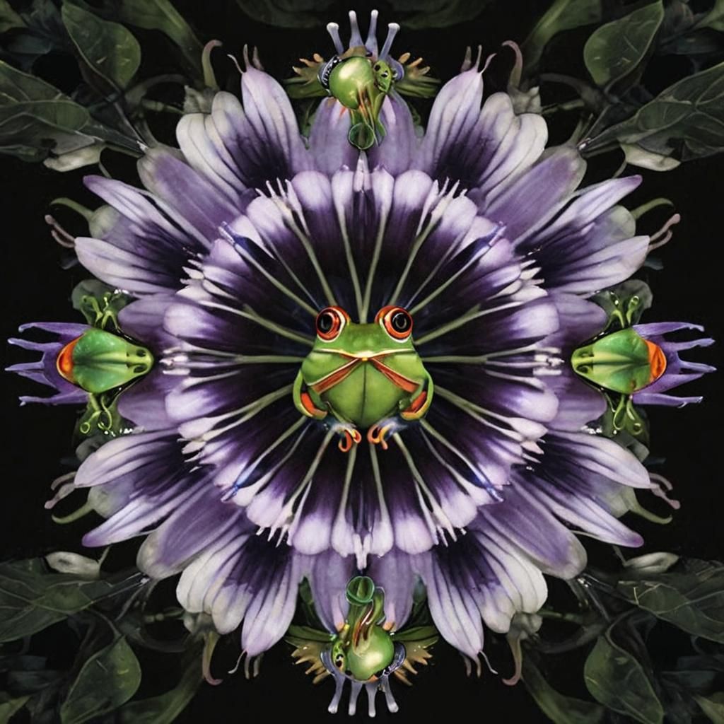 Passion Flower and Frog: Colorful 3D Botanical Photo