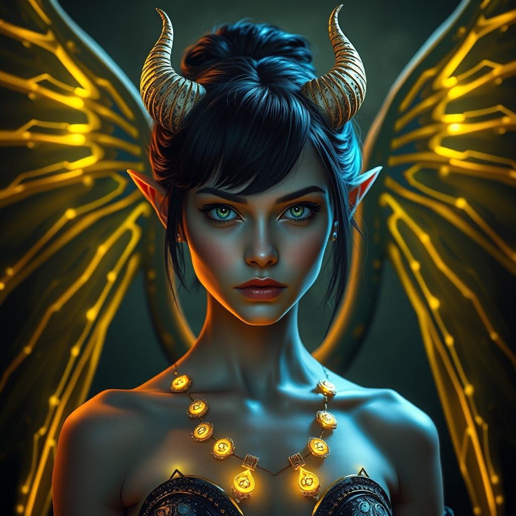 Ethereal Dark Fantasy Figure with Neon Wings