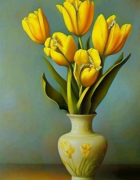 Yellow Tulips in Green Vase Oil Painting